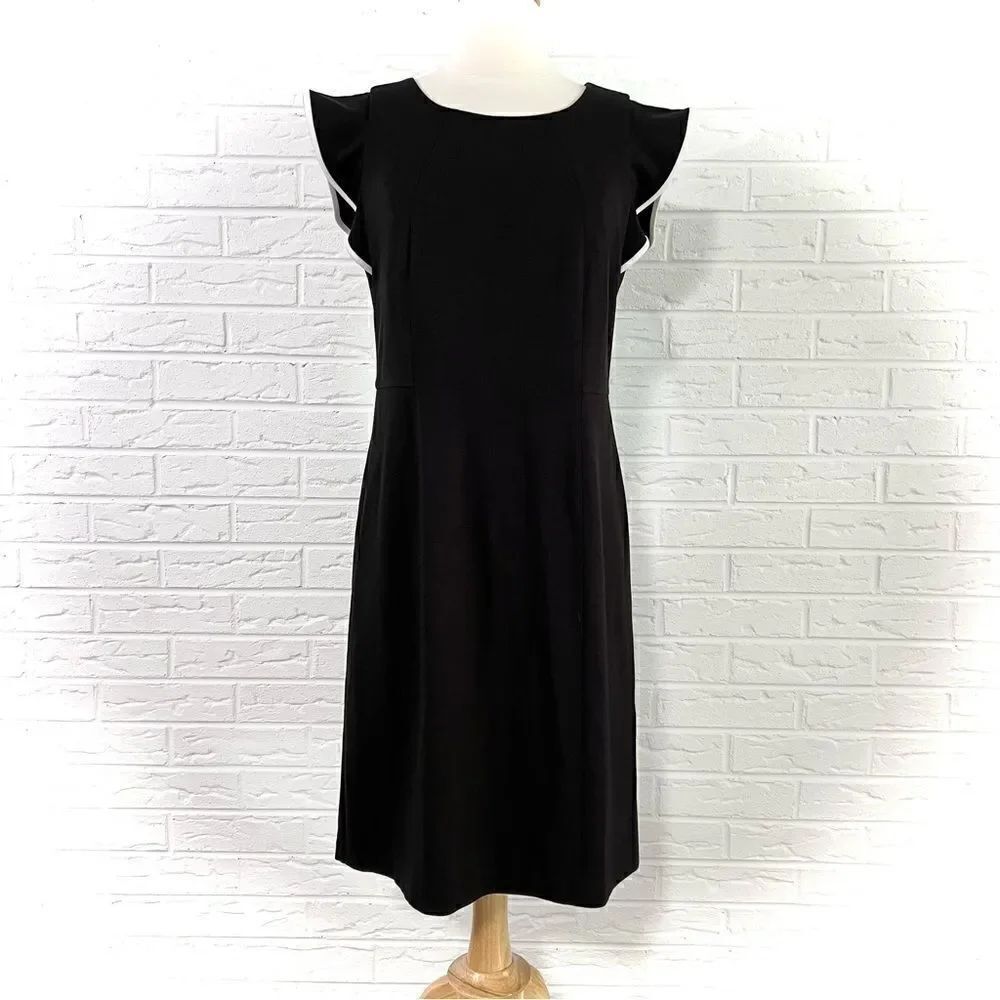 Talbots Black Dress with White Ruffle Trim Cap Sleeve Size 8 Petite